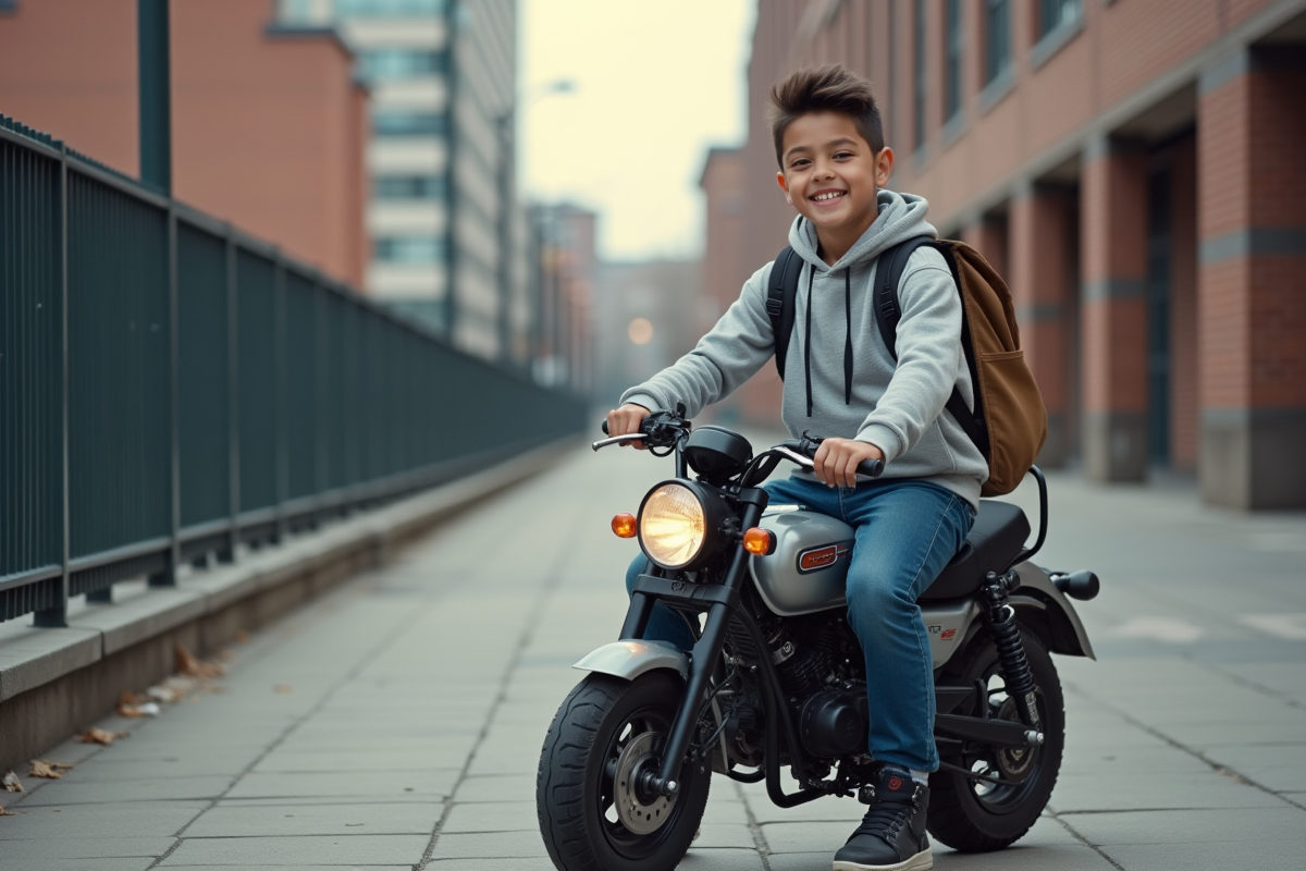 Adolescent garé avec sa moto devant une école urbaine