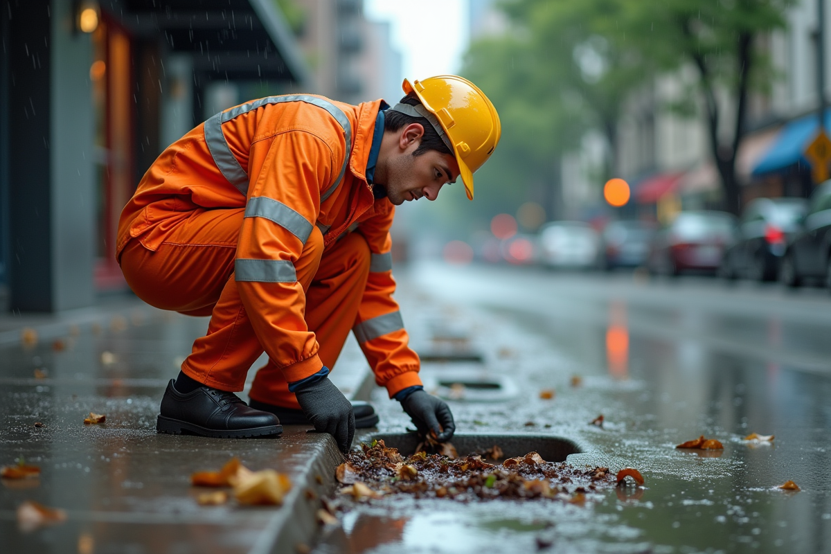 Jeune agent en orange nettoyant un drain après pluie