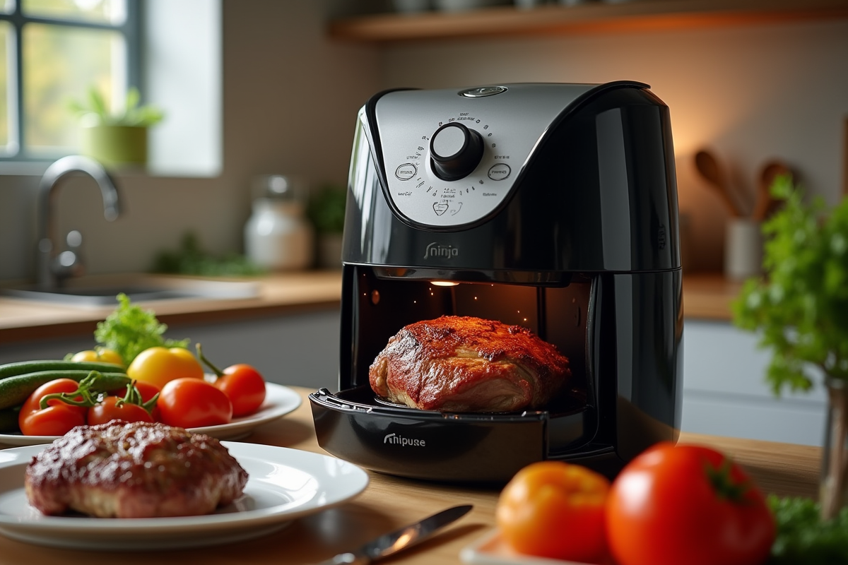 Friteuse à air Ninja avec rôti de bœuf en cuisson dans une cuisine moderne