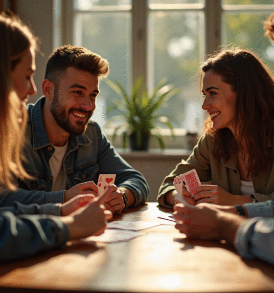 Quatre amis jouent aux cartes autour d'une table ensoleillée