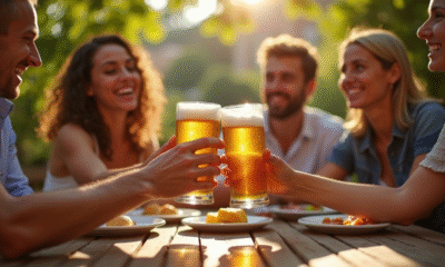 Groupe d'amis trinquant avec des bières sans gluten en terrasse