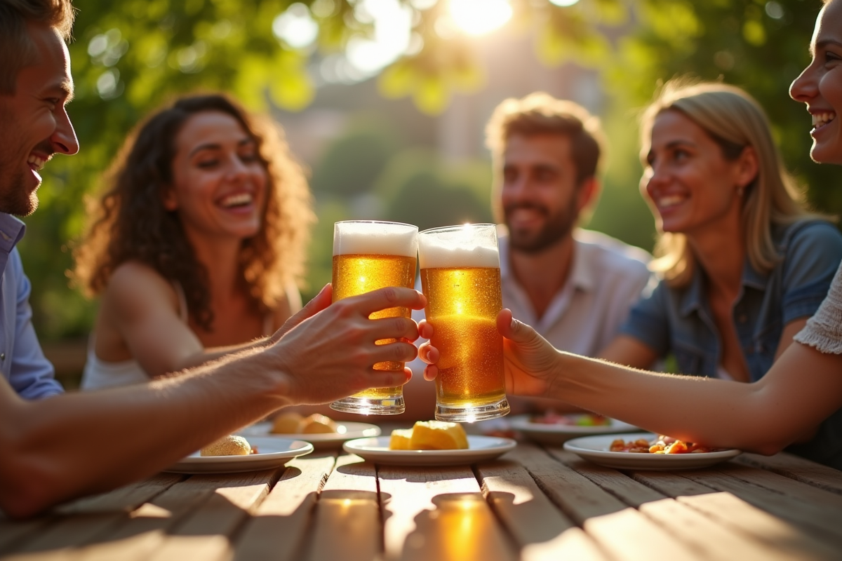 Groupe d'amis trinquant avec des bières sans gluten en terrasse