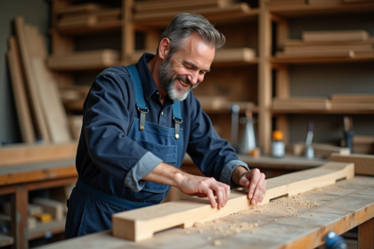 Artisan en train de sculpter un balustrade en bois dans son atelier