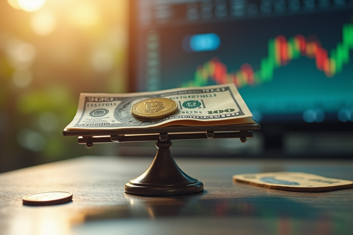 Pièce et billet équilibrés sur une balance vintage