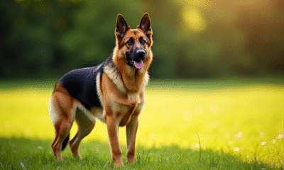 Chien berger allemand à poil court en alerte dans un champ ensoleille