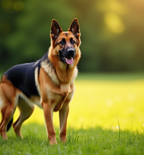 Chien berger allemand à poil court en alerte dans un champ ensoleille