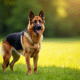 Chien berger allemand à poil court en alerte dans un champ ensoleille