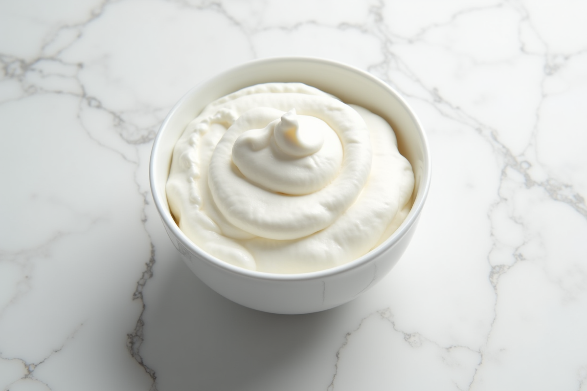 Bol de crème fouettée fraîche vue du dessus sur marbre