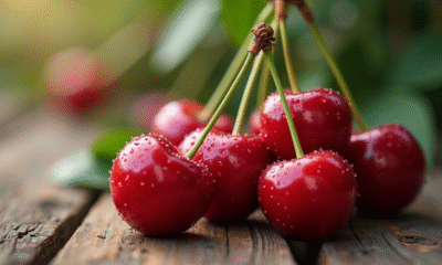 Gros plan de cerises fraîches avec rosée du matin