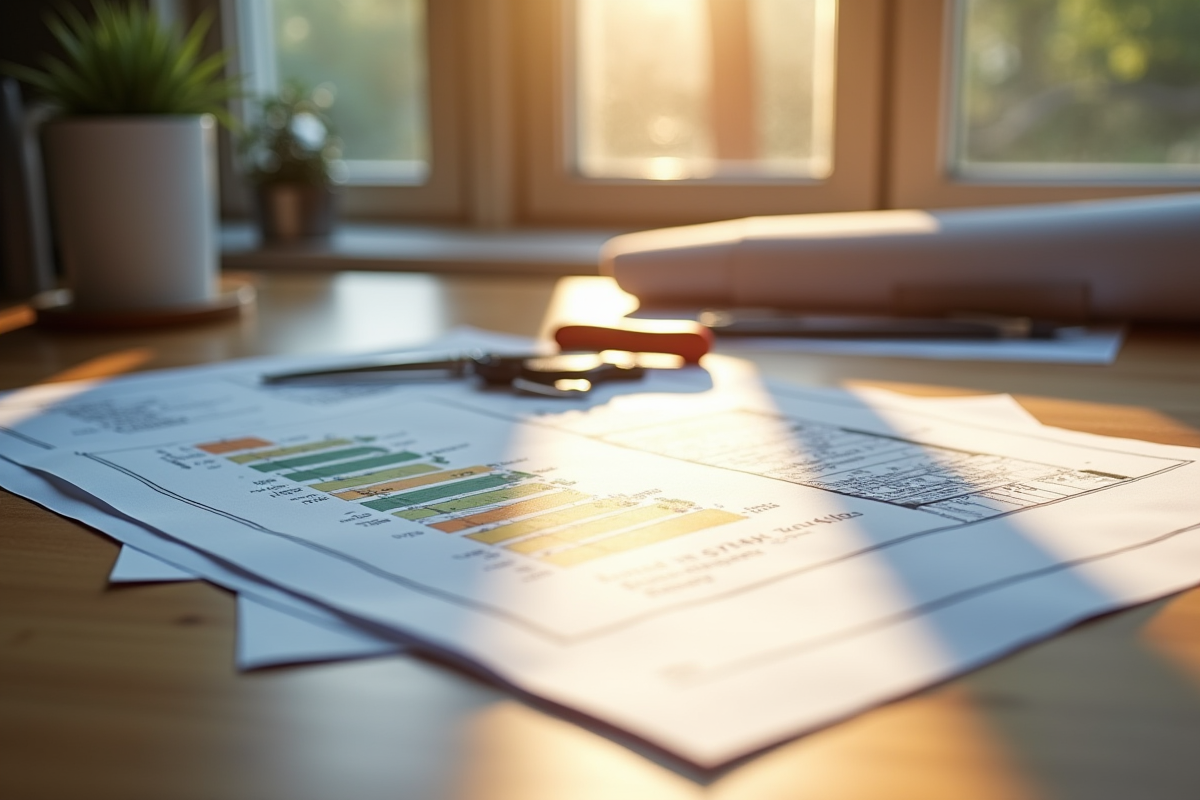 Plans de renovation et certificats d energie sur un bureau en bois