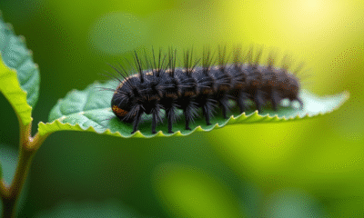 Gros plan d'une chenille noire sur une feuille verte