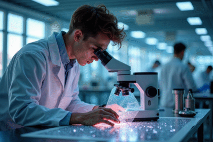Jeune scientifique examinant un tissu électronique flexible dans un laboratoire moderne