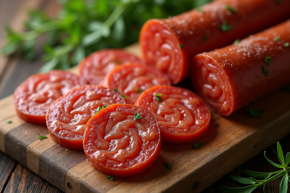 Tranches de chorizo épicé sur planche en bois avec herbes