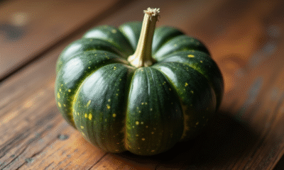 Citrouille verte sur une table en bois rustique vue du dessus