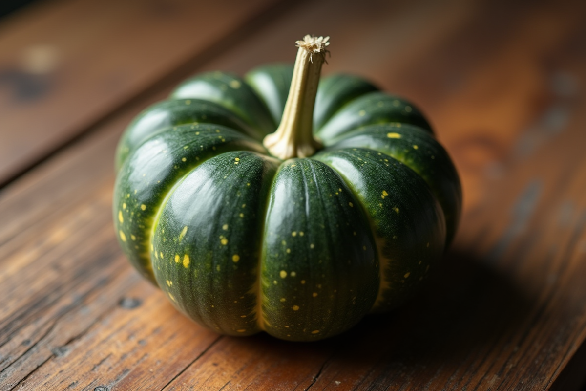 Citrouille verte sur une table en bois rustique vue du dessus