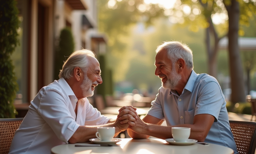 Couple mature riant et se tenant la main au café