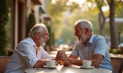 Couple mature riant et se tenant la main au café
