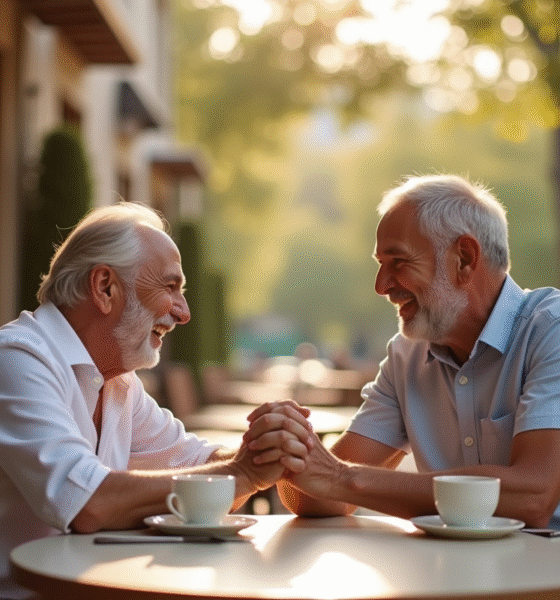 Couple mature riant et se tenant la main au café