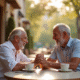 Couple mature riant et se tenant la main au café