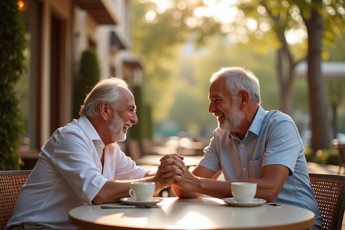 Couple mature riant et se tenant la main au café