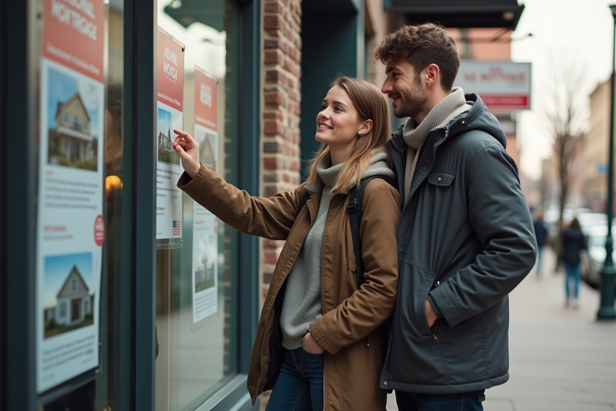 Jeune couple regardant une affiche de prêt immobilier devant une agence immobilière