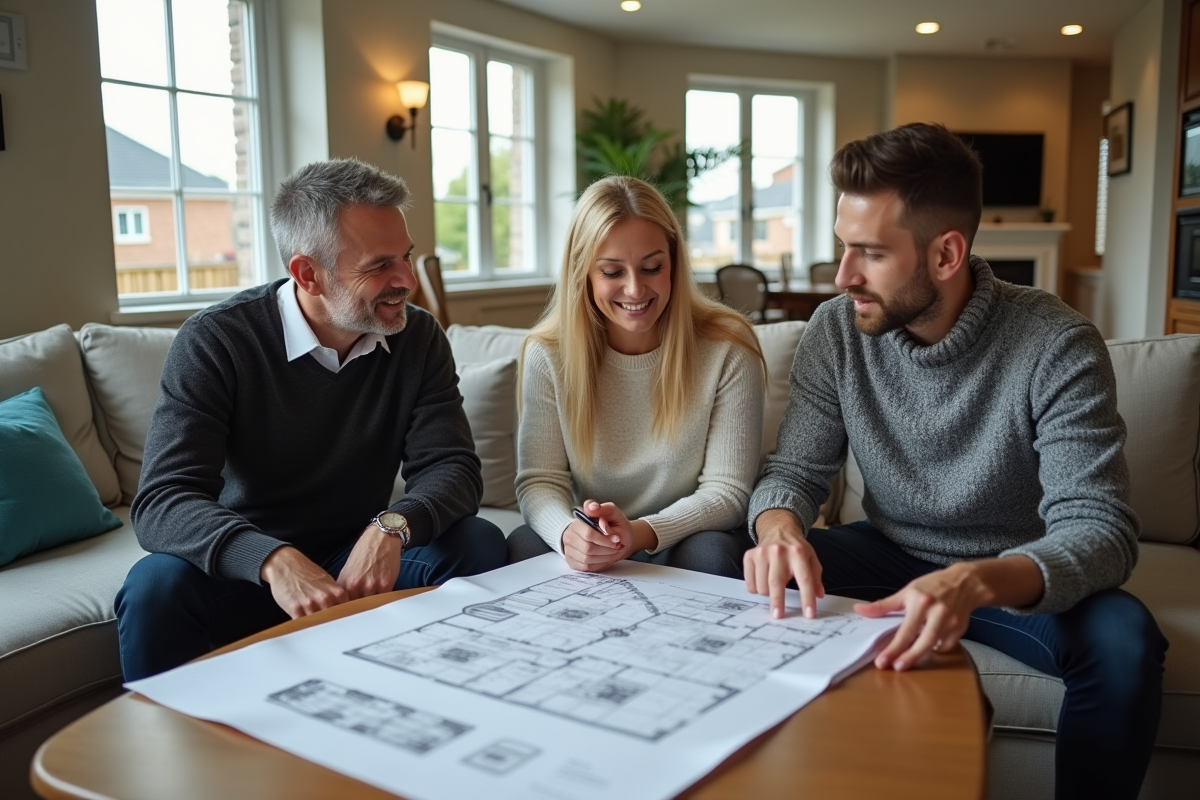 Couple discutant avec un conseiller en prêt immobilier à la maison