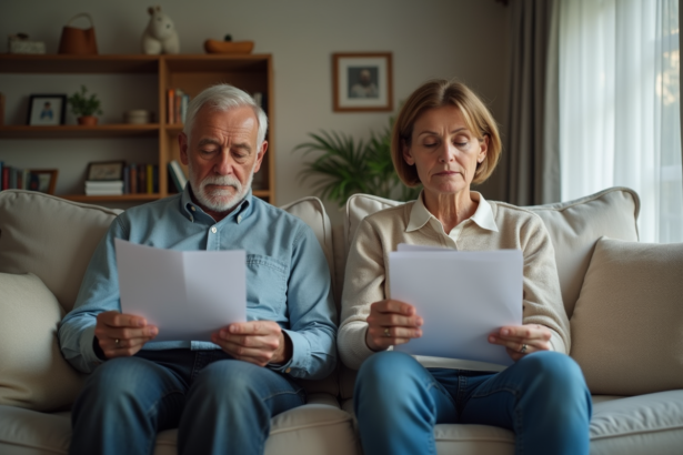 Couple d'adultes dans un salon avec papiers officiels