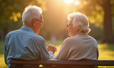 Couple de personnes agees main dans la main sur un banc en plein soleil