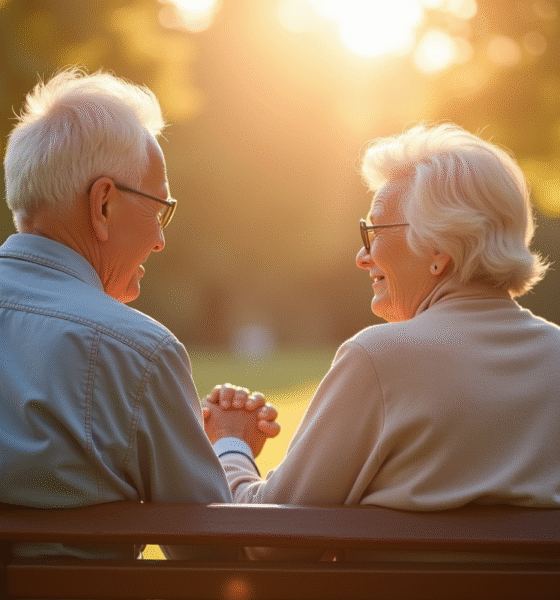 Couple de personnes agees main dans la main sur un banc en plein soleil