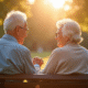 Couple de personnes agees main dans la main sur un banc en plein soleil
