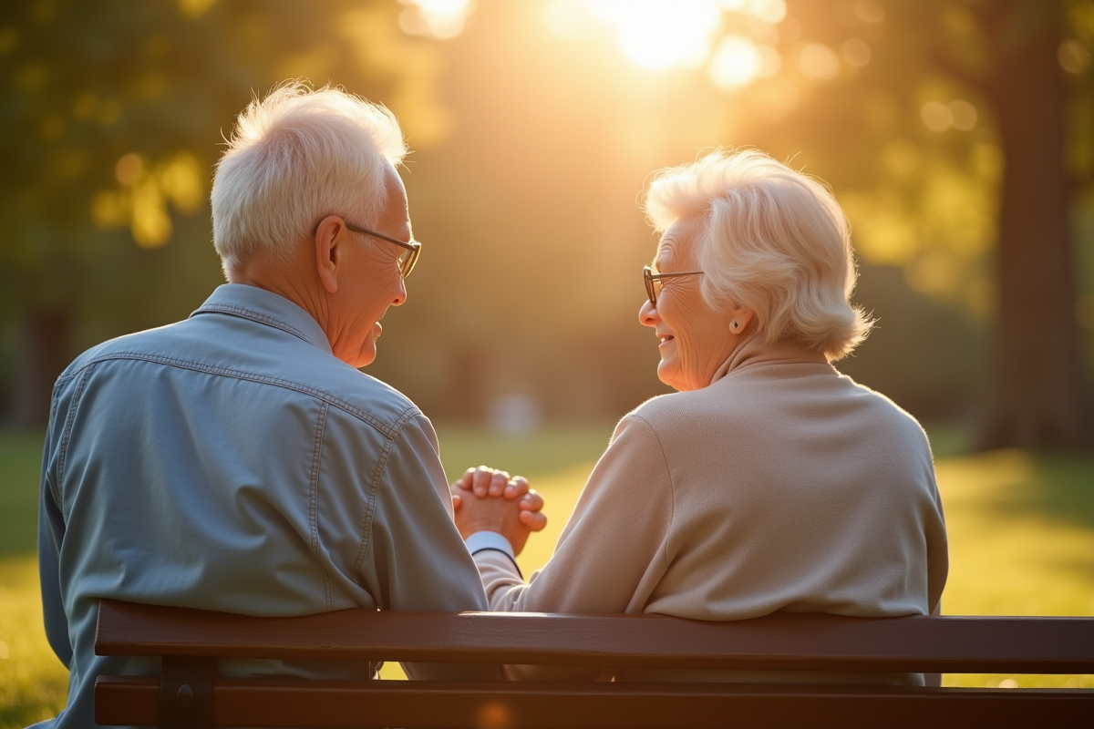 Couple de personnes agees main dans la main sur un banc en plein soleil
