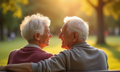 Couple senior assis sur un banc ensoleille dans un parc