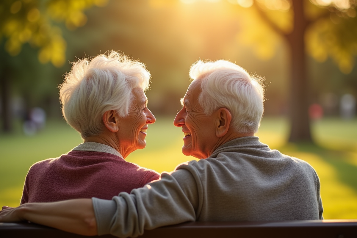 Couple senior assis sur un banc ensoleille dans un parc