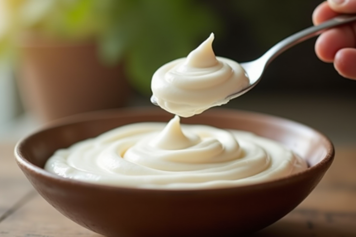 Cuillère soulevant de la crème fouettée dans un bol rustique