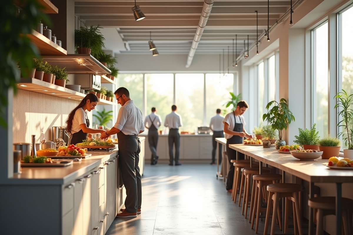Groupe préparant des repas dans une cuisine moderne lumineuse