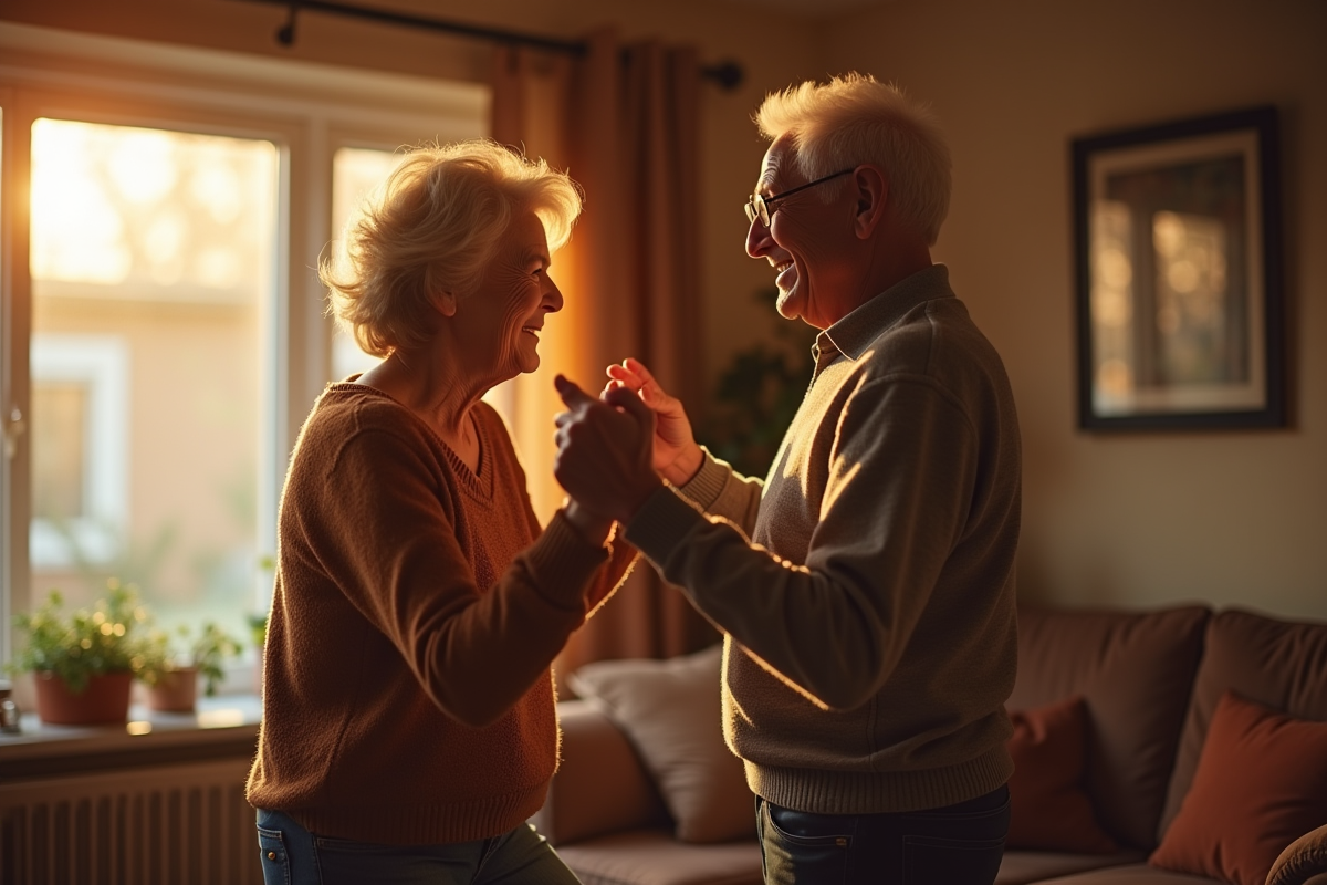 Couple agee dansant dans un salon chaleureux et intime