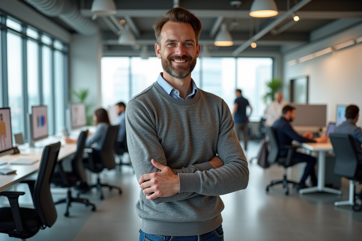 Designer homme avec prototype de textile portatif dans un bureau
