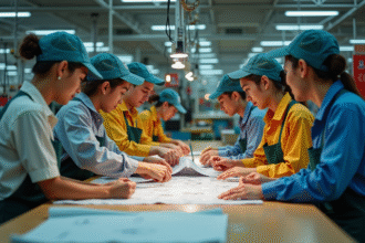 Groupe d'ouvriers textiles en usine concentrés sur un tissu