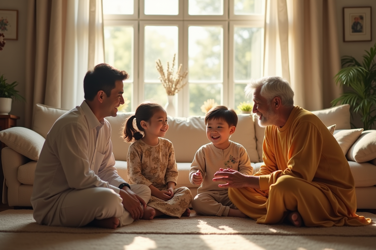 Famille multigenerationnelle en vêtements traditionnels et modernes