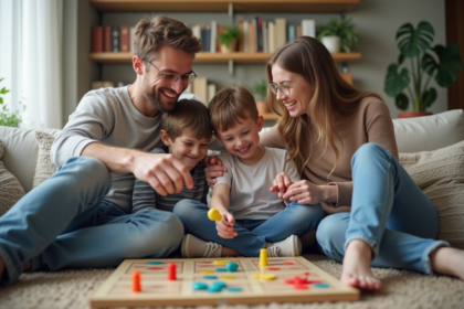 Famille de quatre riant en jouant à un jeu de société dans un salon cosy