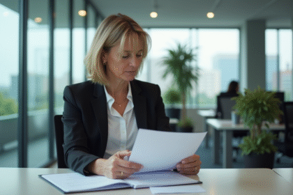 Femme d'affaires lisant des documents dans un bureau moderne