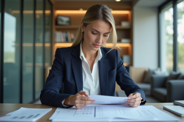 Femme d'affaires en costume examinant des documents de prêt immobilier
