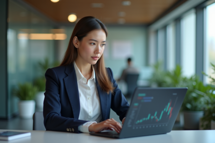 Jeune femme d'affaires analysant des graphiques financiers