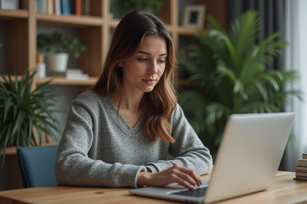 Femme concentrée sur son ordinateur dans un bureau moderne