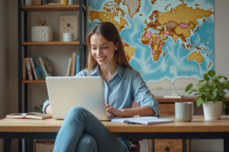 Jeune femme au bureau à domicile naviguant sur un site international