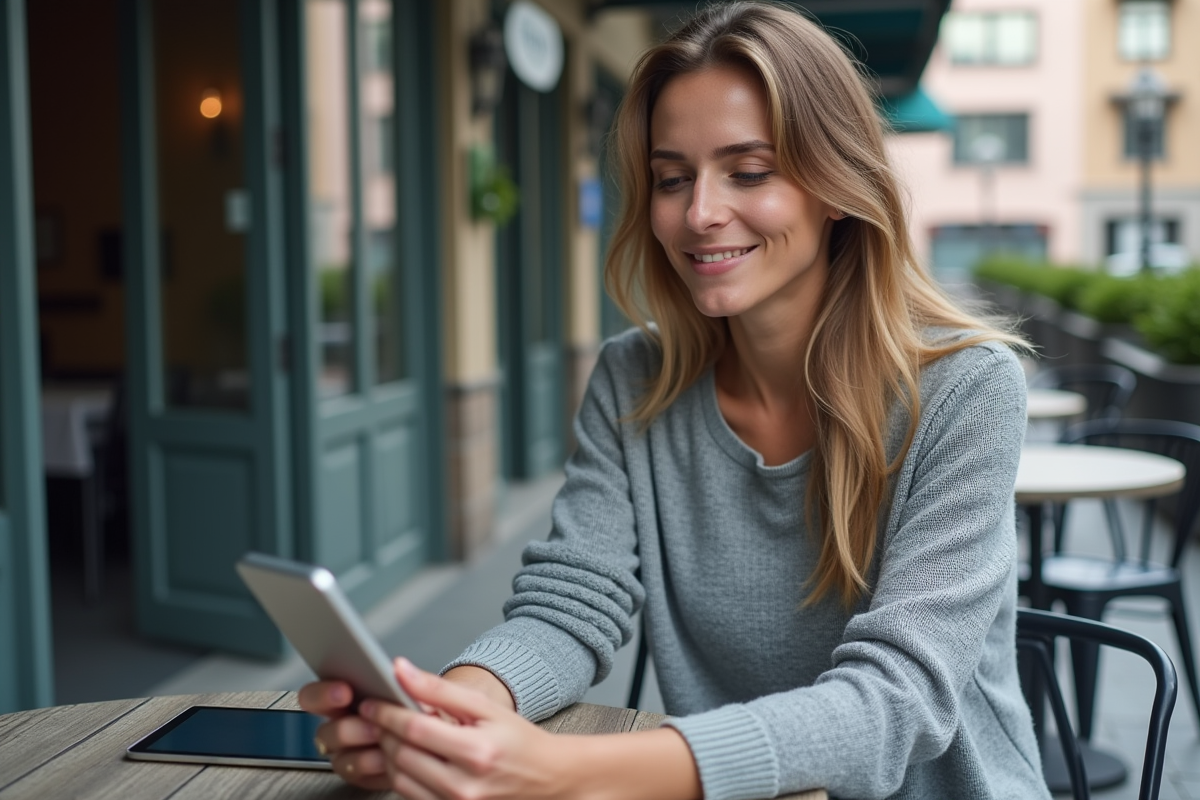 Femme dans un café utilisant son smartphone et tablette