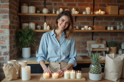 Femme souriante arrangeant des bougies artisanales dans une boutique chaleureuse