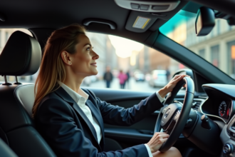 Femme en voiture moderne dans la ville dynamique