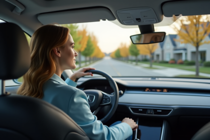 Femme en blazer bleu dans une voiture moderne en conduite