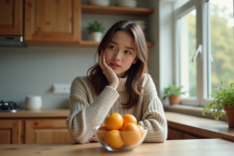 Jeune femme contemplant un bol de fruits frais à la maison